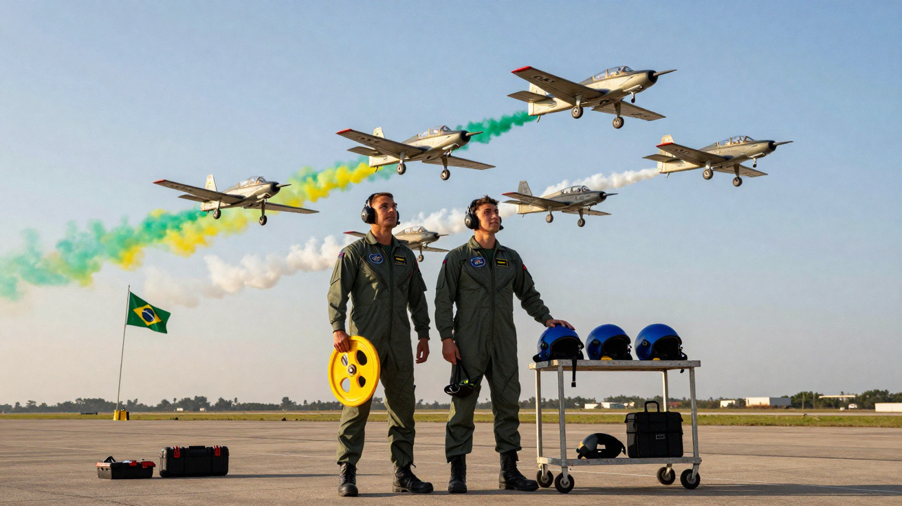 Dois pilotos de fardas verdes com avião de treino no céu a deixar rastos de fumo verde, amarelo e branco.