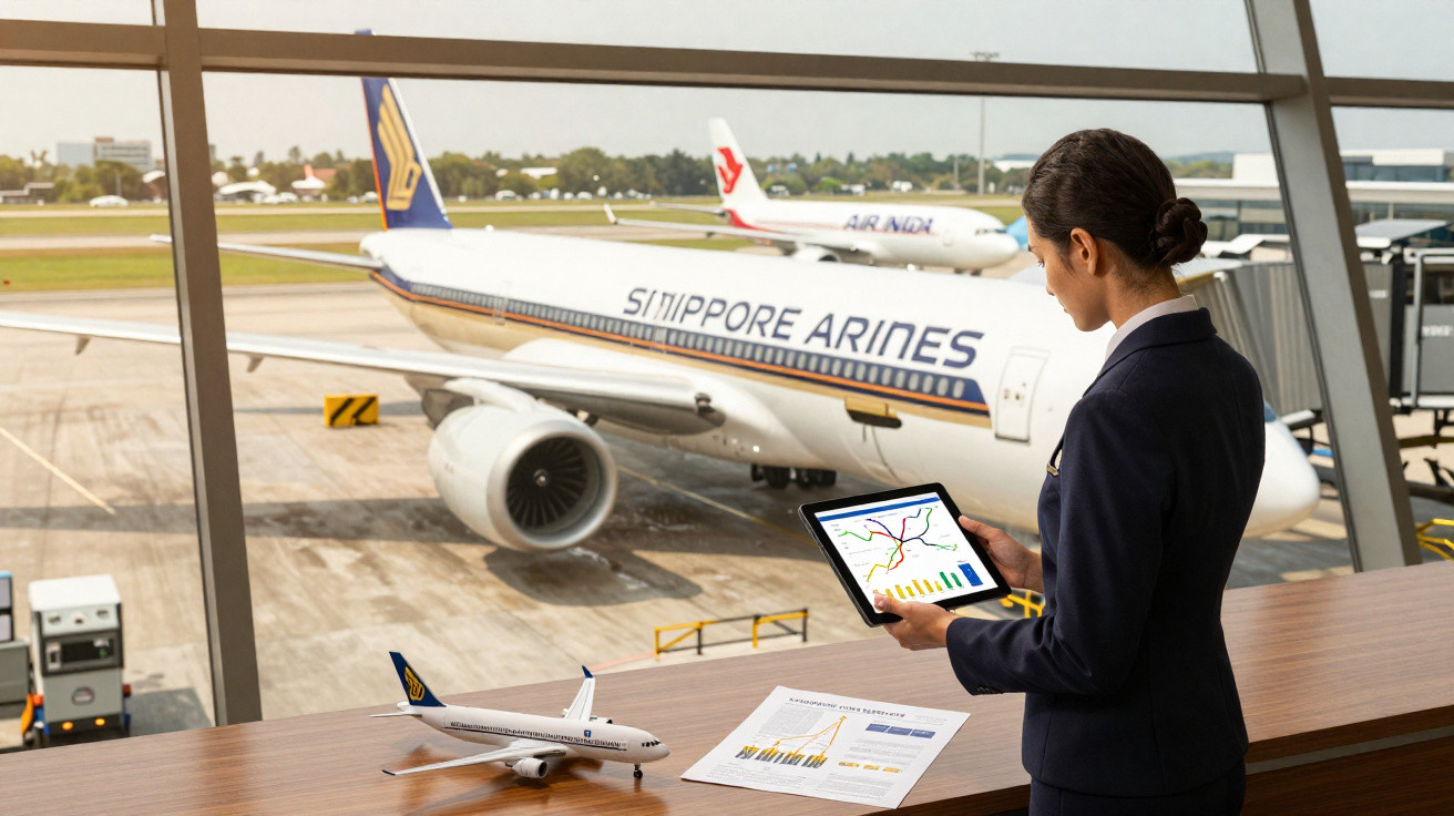 Mulher com fato profissional usa tablet em aeroporto com aviões visíveis pela janela grande.
