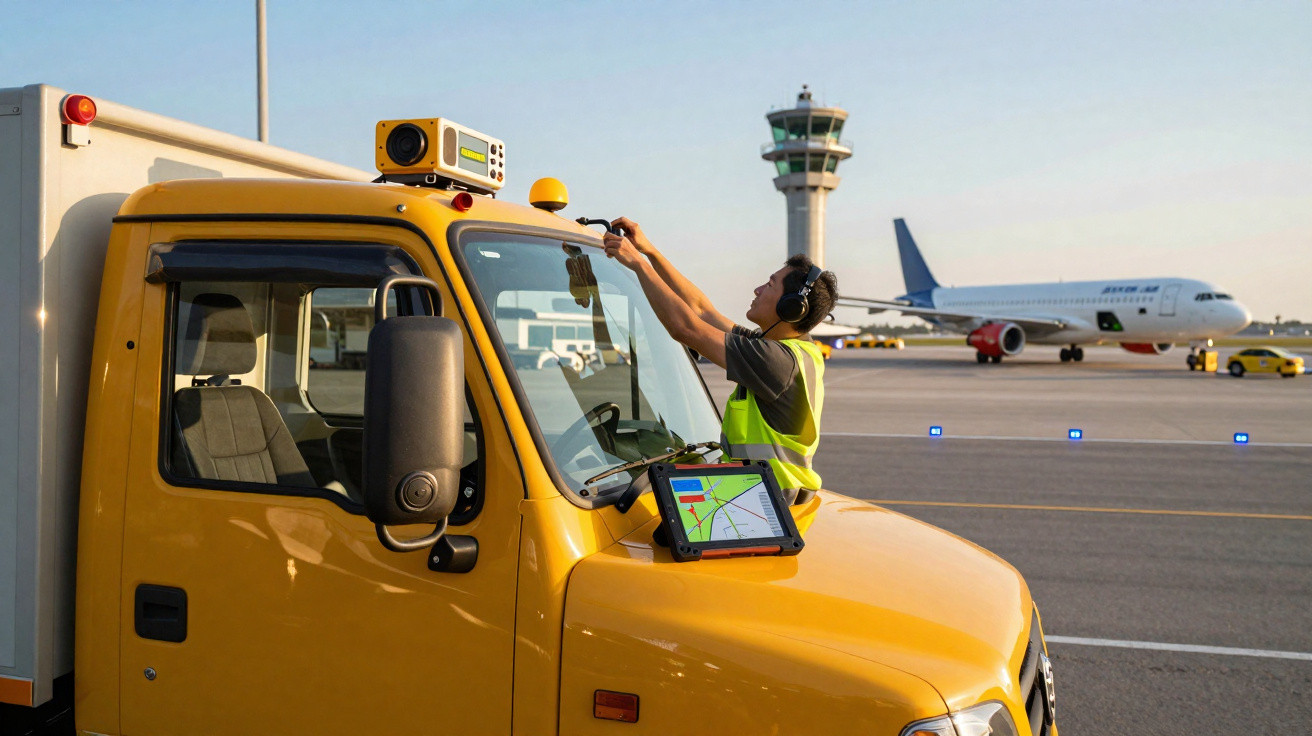Funcionário de aeroporto com colete refletor ajusta equipamento no topo de veículo amarelo, com avião e torre ao fundo.