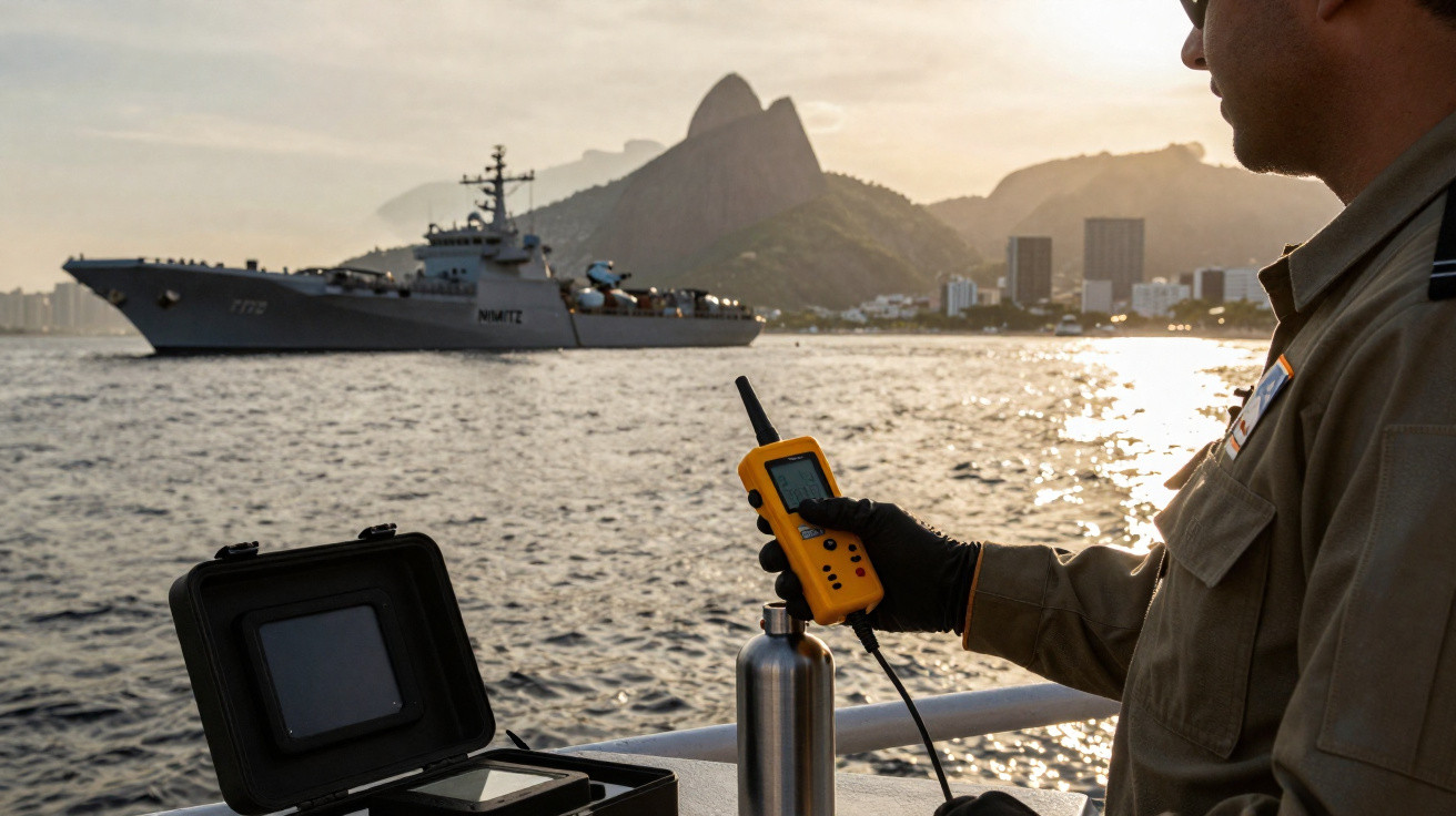Homem com rádio comunicador numa embarcação, com navio de guerra e montanhas ao fundo ao entardecer.