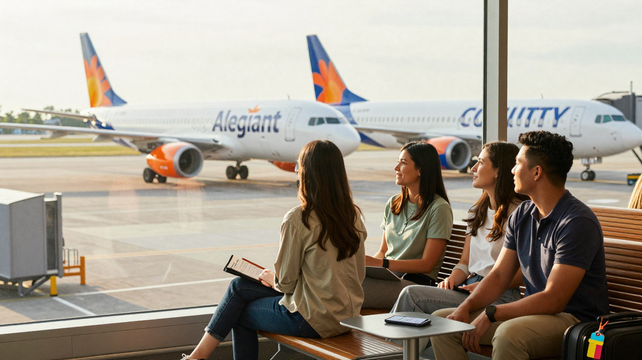 Quatro passageiros sentados na sala de embarque observam aviões Allegiant e GoJetty no exterior do aeroporto.