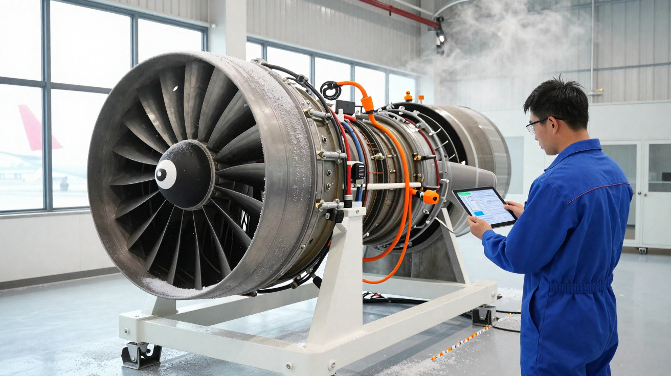 Técnico em macacão azul inspeciona motor de avião em laboratório com vapor a sair do motor.