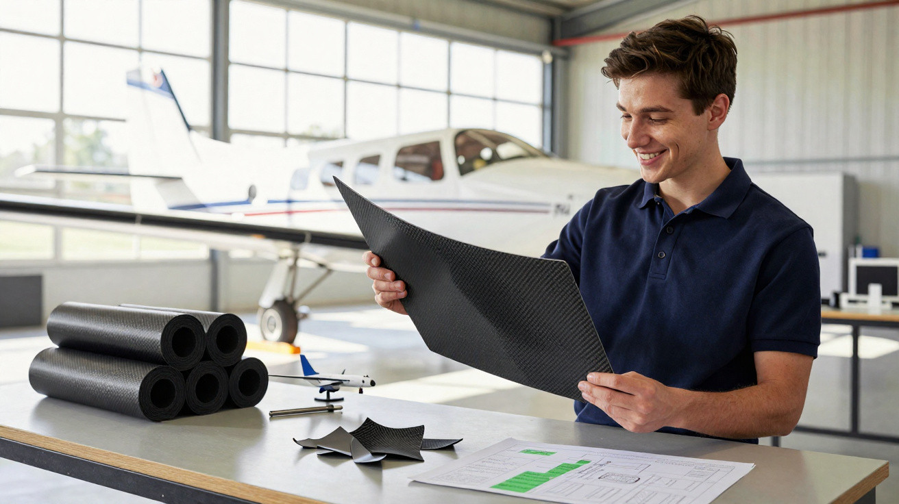 Homem sorridente analisa folha de carbono em ambiente de hangar com avião ao fundo.
