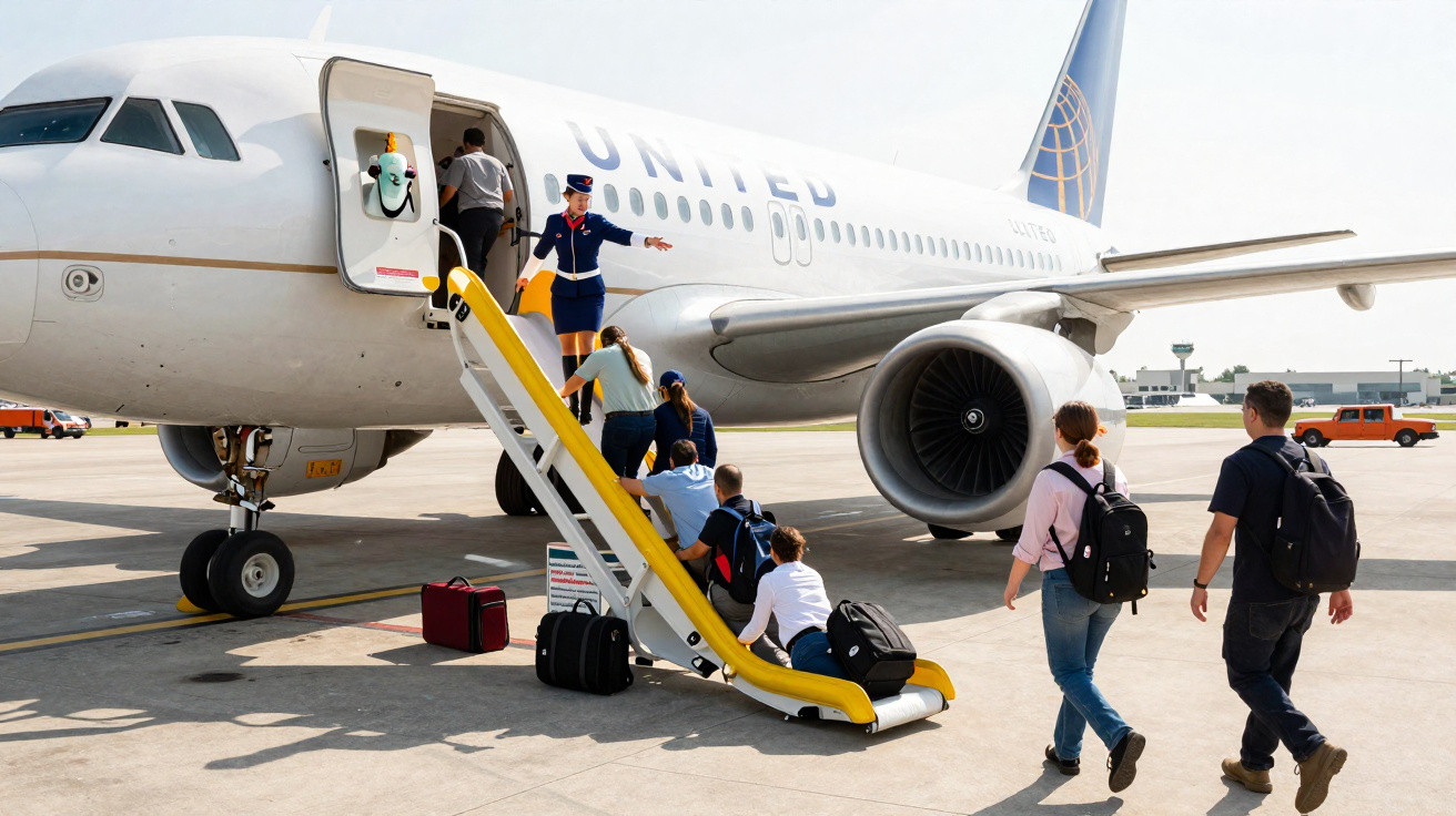 Passageiros a embarcar num avião da United Airlines por escada com slide de evacuação no aeroporto.