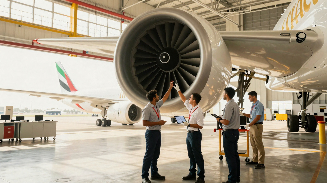 Quatro técnicos em inspeção técnica de motor de avião numa hangar ampla e bem iluminada.