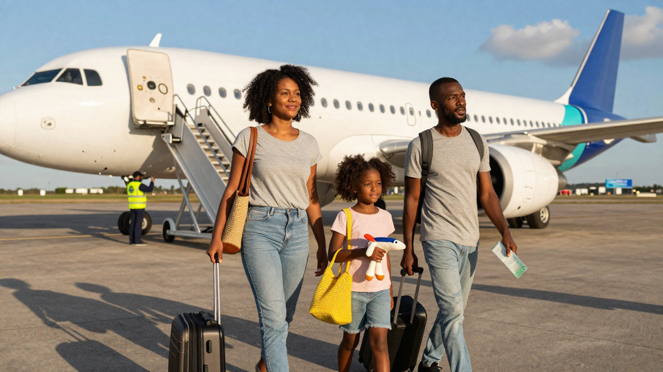 Família com duas crianças a caminhar com bagagens no aeroporto junto a um avião estacionado.