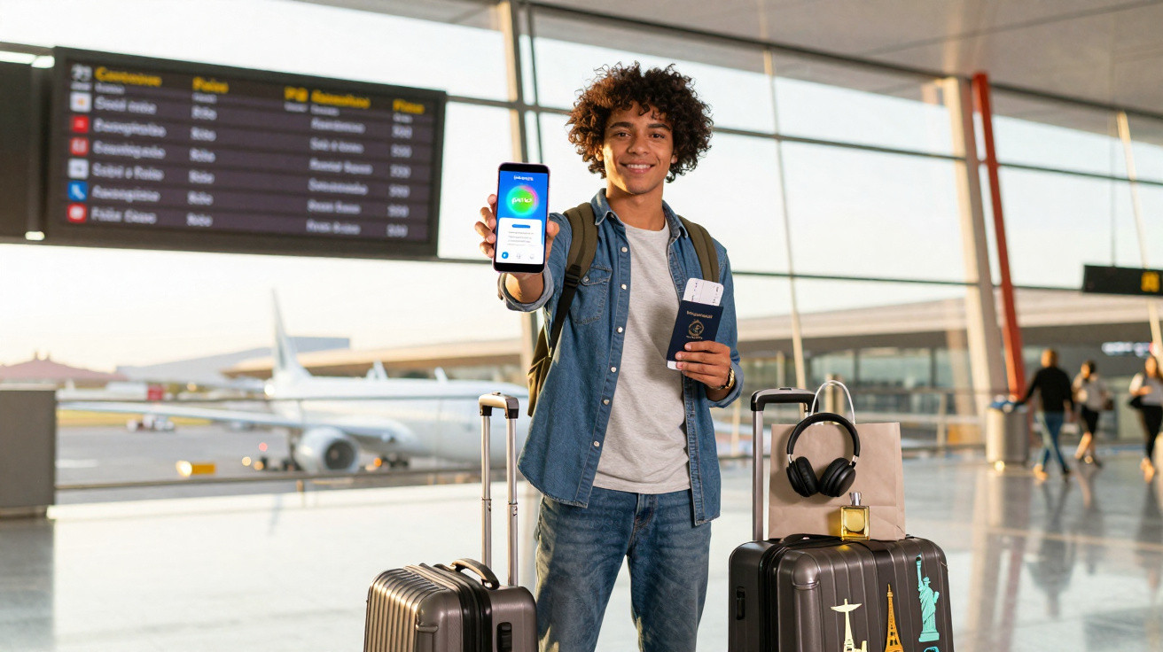 Jovem em aeroporto com malas, passaporte e telemóvel a mostrar app de check-in digital.