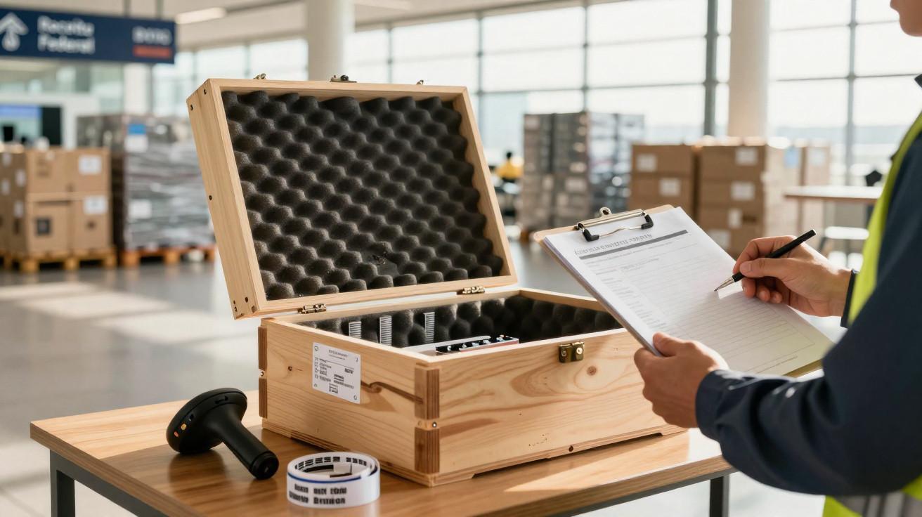 Funcionário regista dados de embalagem de equipamento sensível numa caixa de madeira num armazém.
