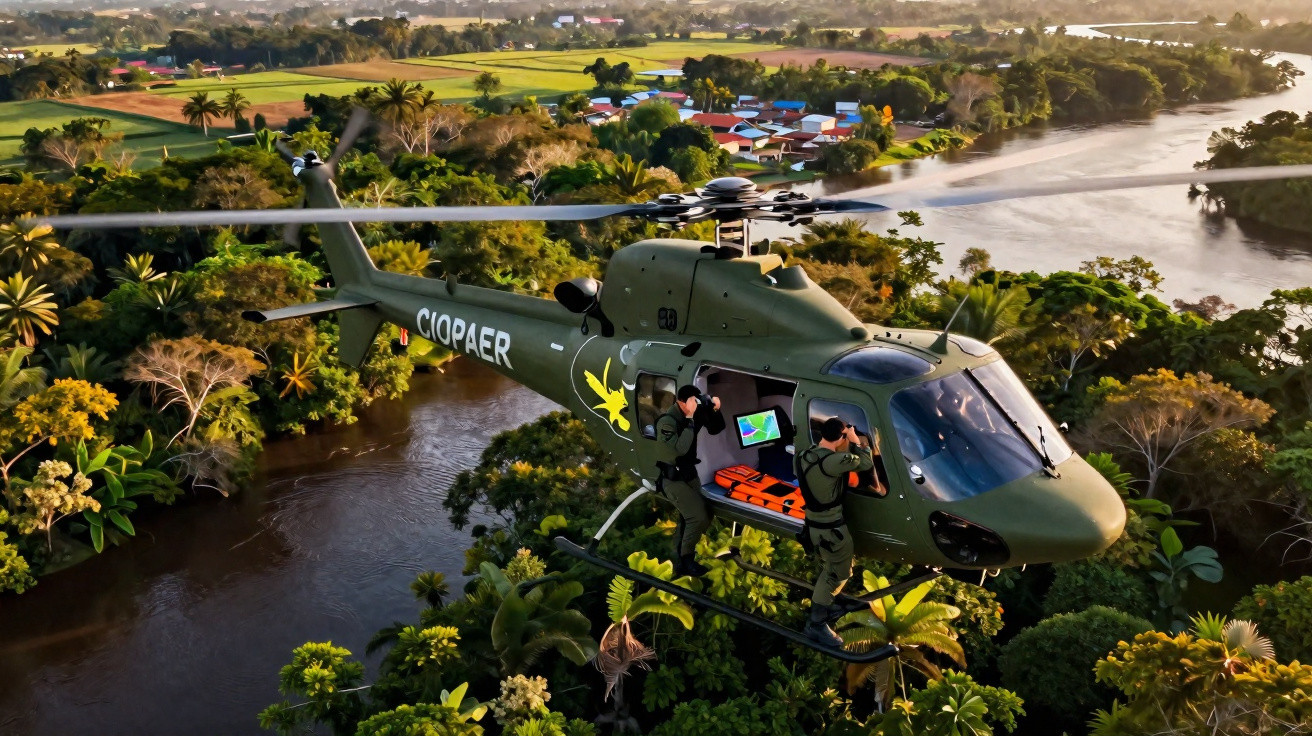 Helicóptero verde militar a sobrevoar área florestal junto a rio, com dois soldados em atividade no interior.