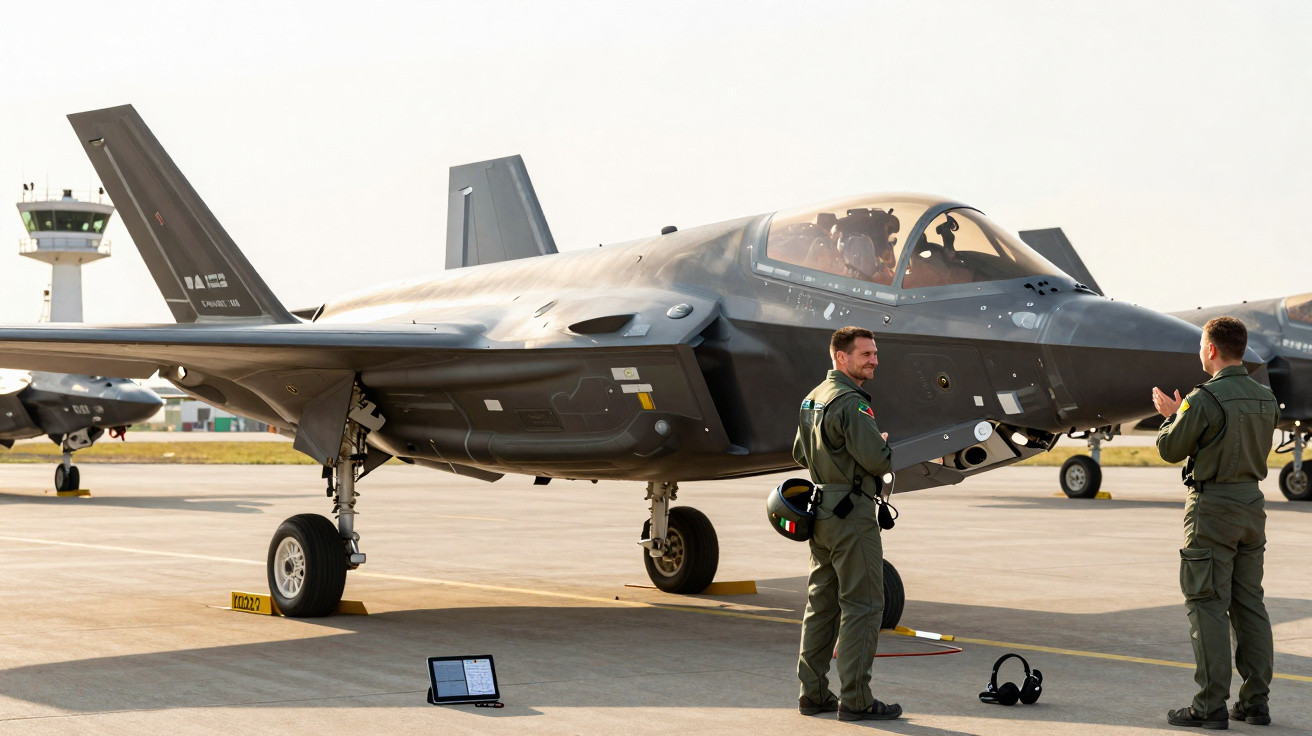Caça furtivo F-35 estacionado numa pista com dois pilotos militares em uniforme verde a conversar.