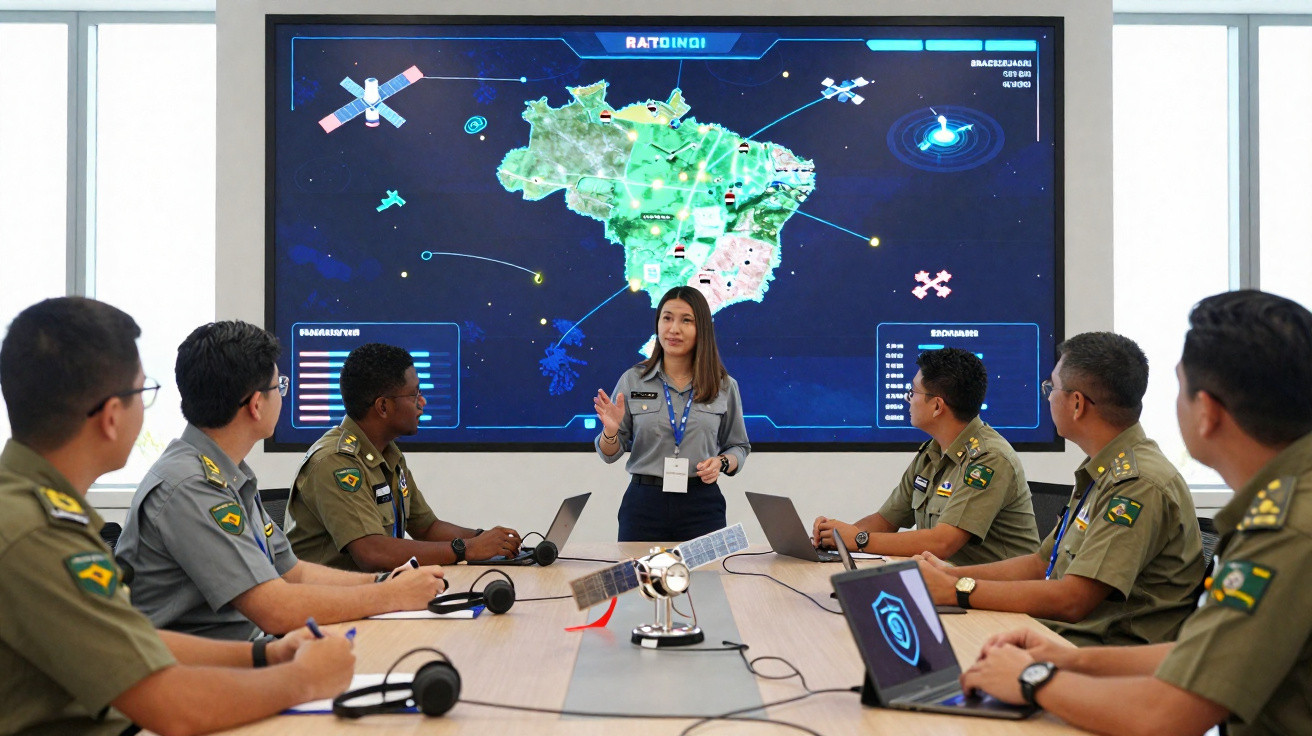 Mulher apresenta dados num monitor grande com mapa do Brasil a militares sentados à mesa com laptops e rádios.