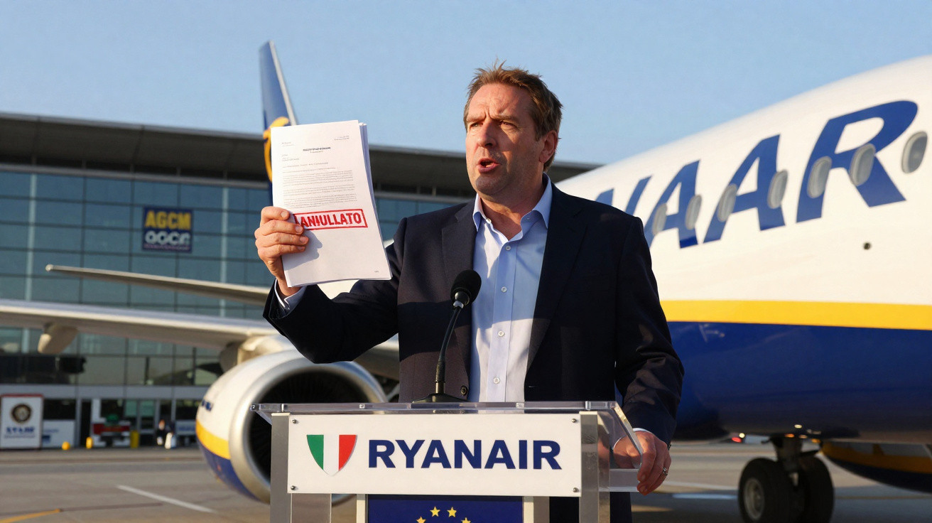 Homem em fato fala ao microfone segurando documento junto a avião da Ryanair no aeroporto.