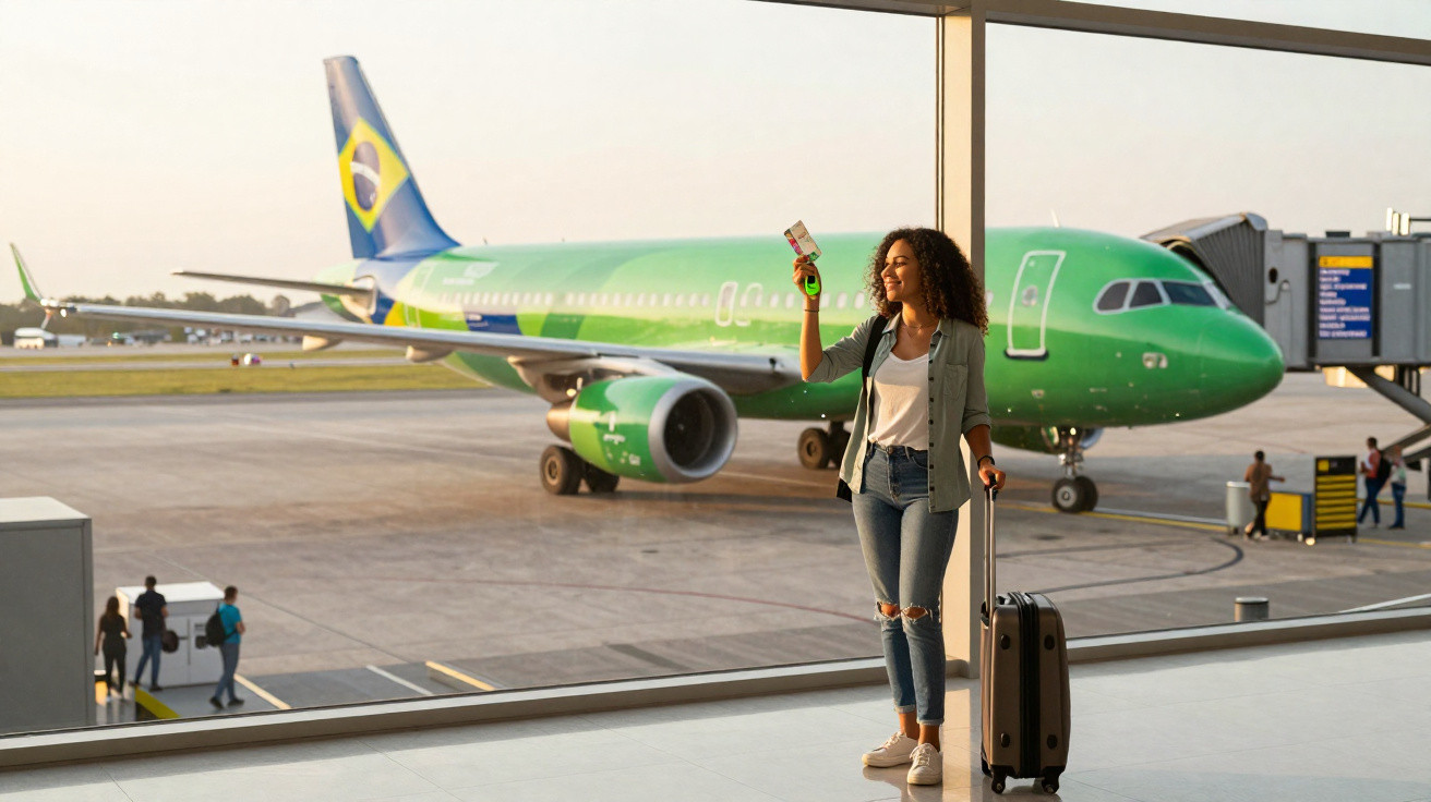 Mulher sorridente com mala e bilhetes de avião num aeroporto, com avião verde estacionado ao fundo.
