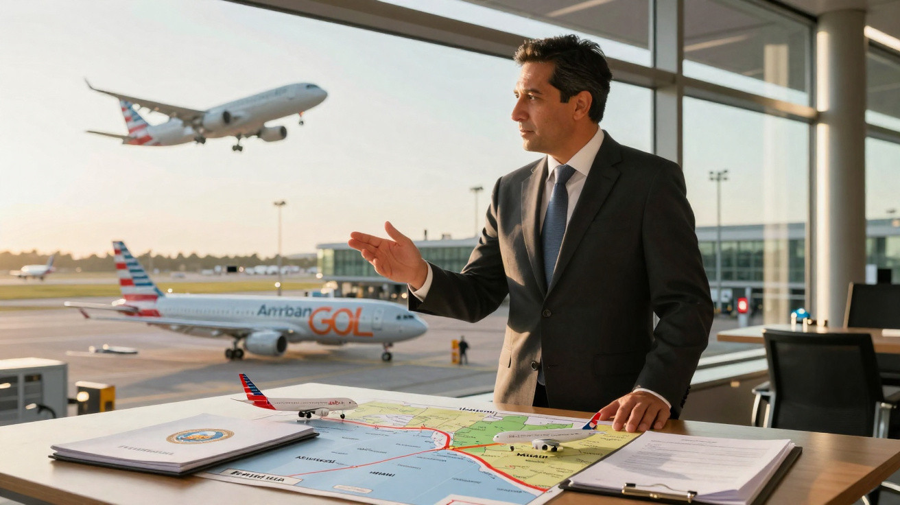 Homem de fato junto a mesa com maquetes de aviões e mapa, ao fundo aviões a levantar voo num aeroporto.