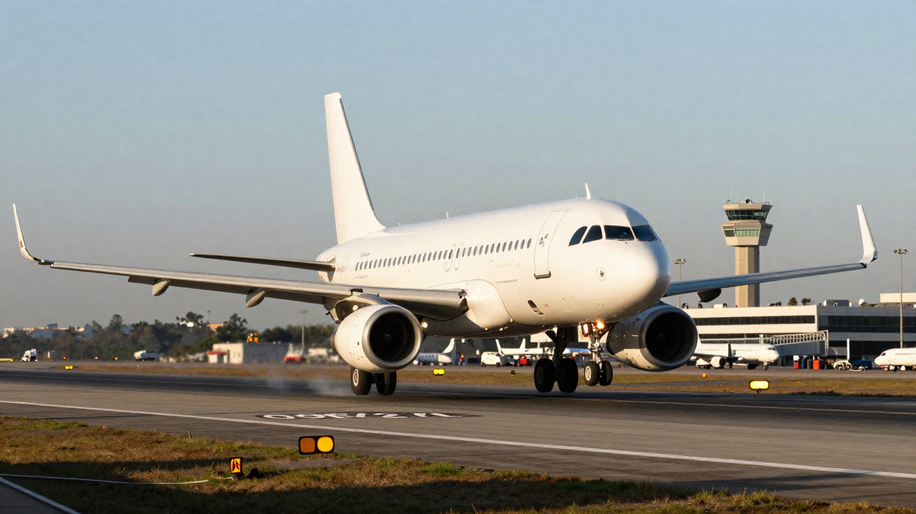 Avião comercial branco a aterrar numa pista de aeroporto com torre de controlo ao fundo.