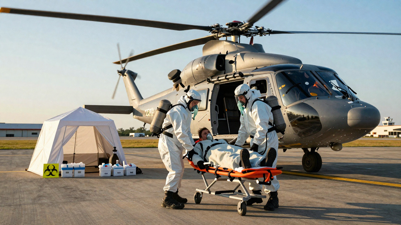 Equipa médica em fatos de proteção transporta paciente numa maca perto de helicóptero e tenda de desinfeção.