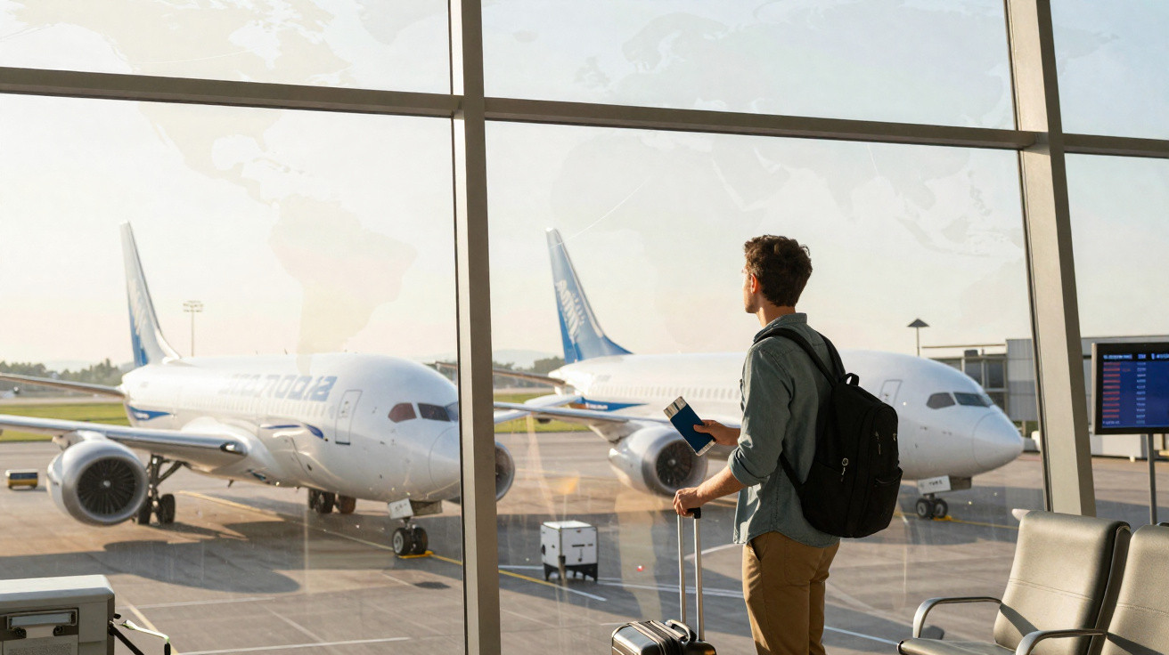Homem com mochila e mala observa dois aviões estacionados através de uma janela no aeroporto.