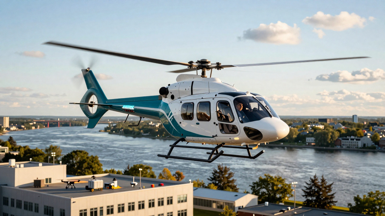 Helicóptero branco e azul voando sobre edifícios junto a um rio sob um céu com nuvens.
