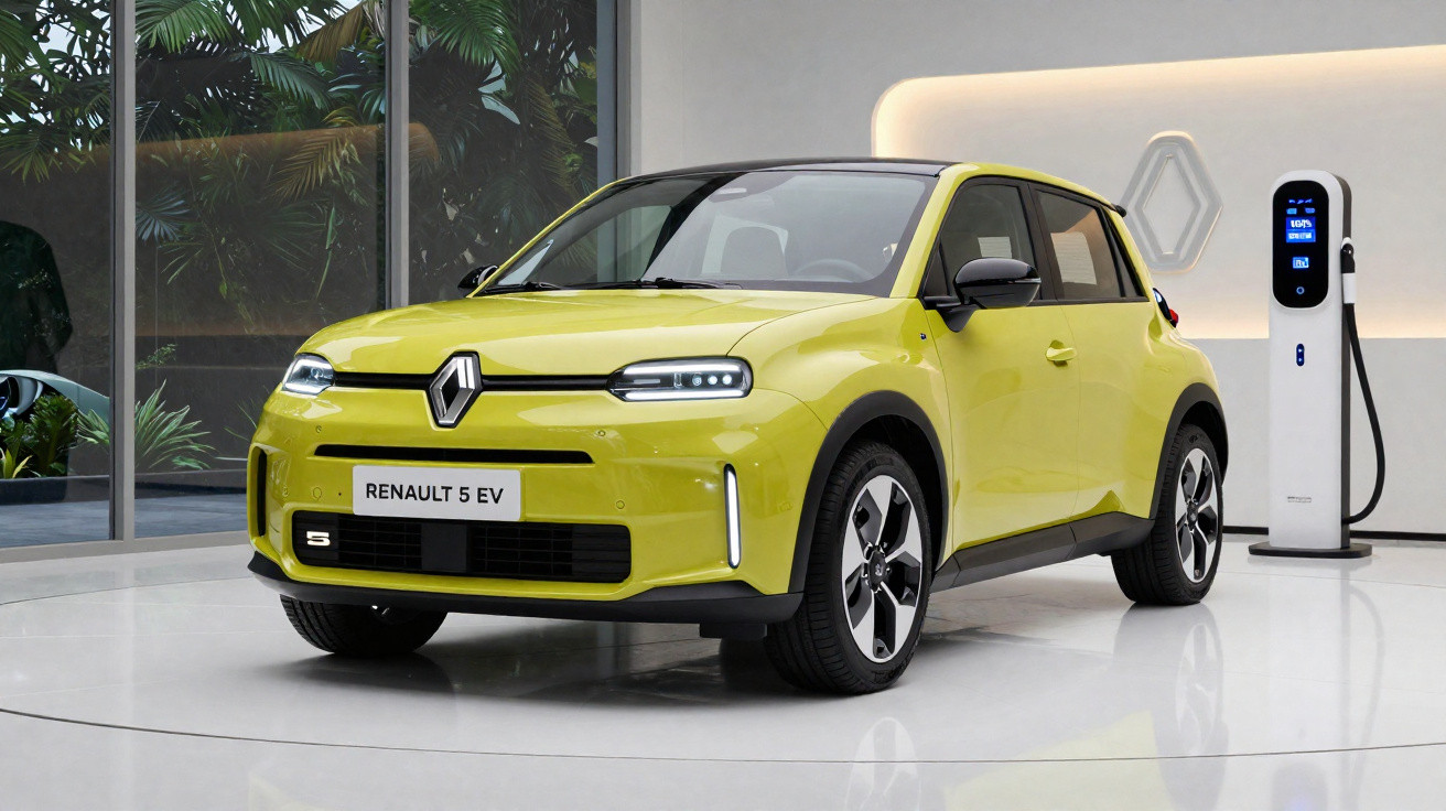 Renault 5 EV amarelo estacionado numa sala moderna junto a um posto de carregamento elétrico.