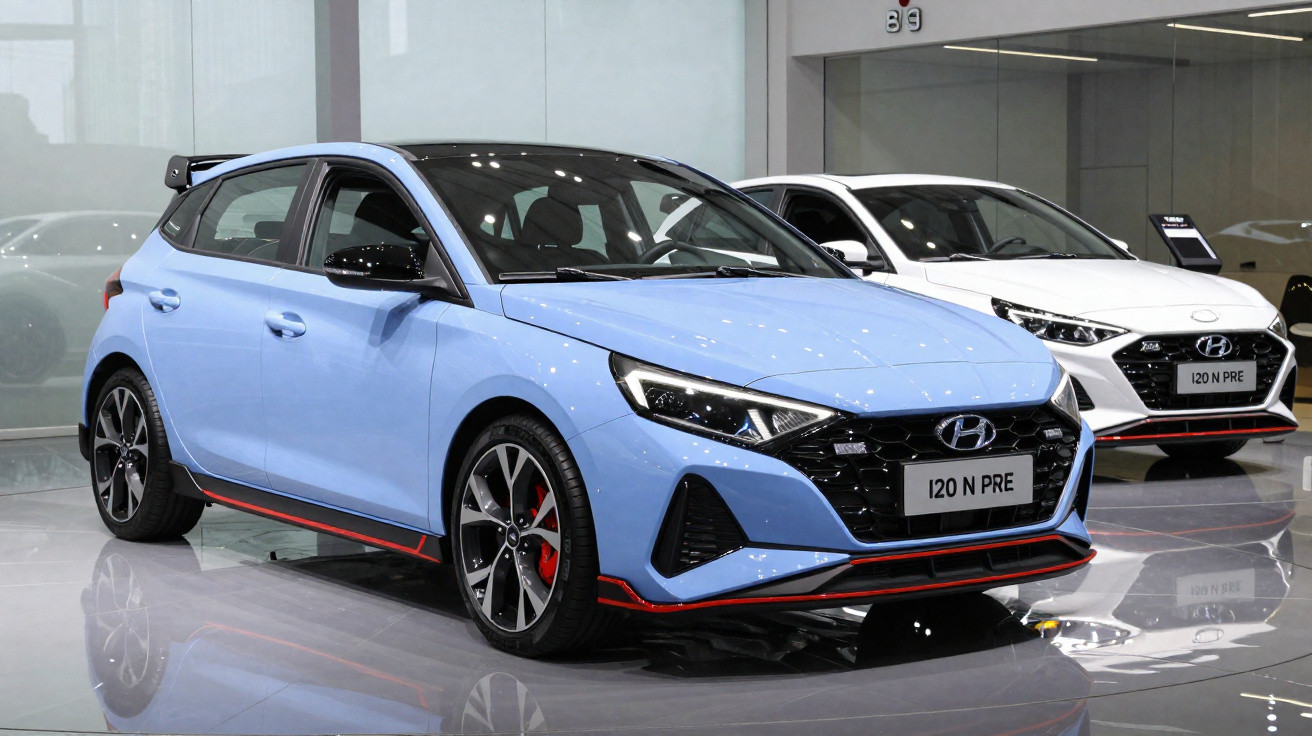 Dois carros Hyundai i20 N Premium, azul e branco, expostos num showroom moderno e iluminado