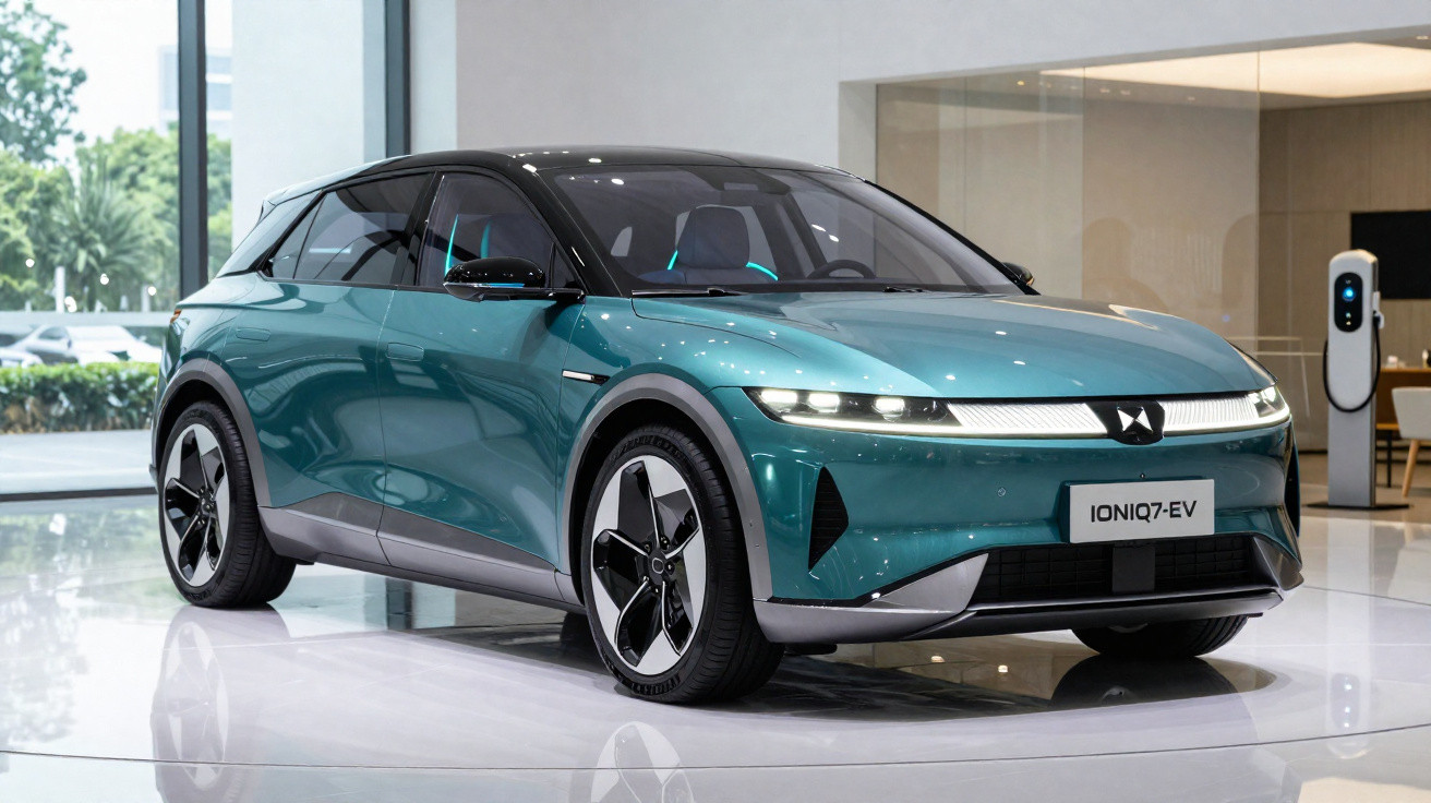 Carro elétrico Hyundai Ioniq 7 EV verde exibido numa sala de exposição moderna e luminosa.