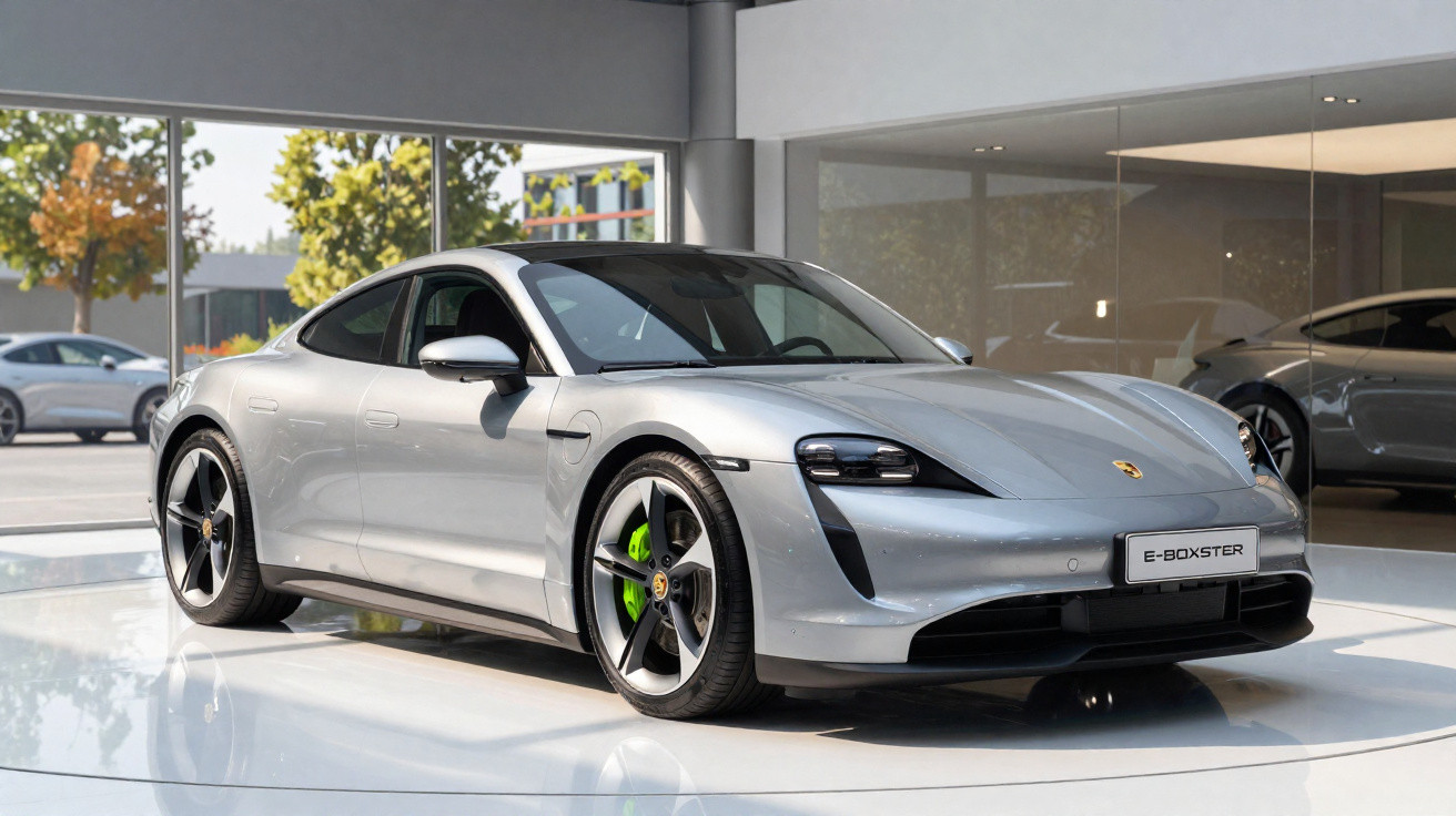 Carro desportivo elétrico cinzento Porsche Taycan estacionado em showroom moderno e luminoso.