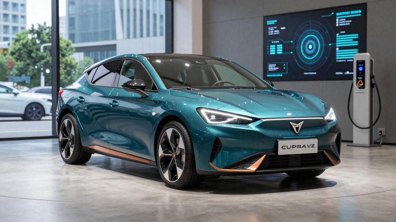 Carro elétrico Cupra VZ azul com detalhes laranja exposto em showroom moderno com carregador elétrico.