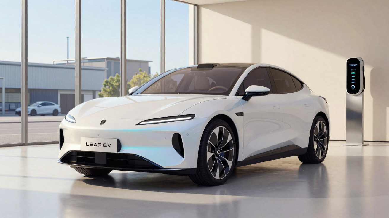 Carro elétrico branco modelo Leap EV estacionado numa garagem moderna com estação de carregamento.
