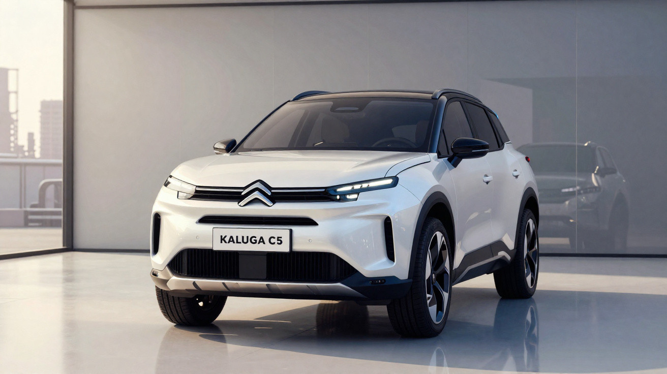 Automóvel Citroën Kaluga C5 branco estacionado em ambiente moderno e iluminado.