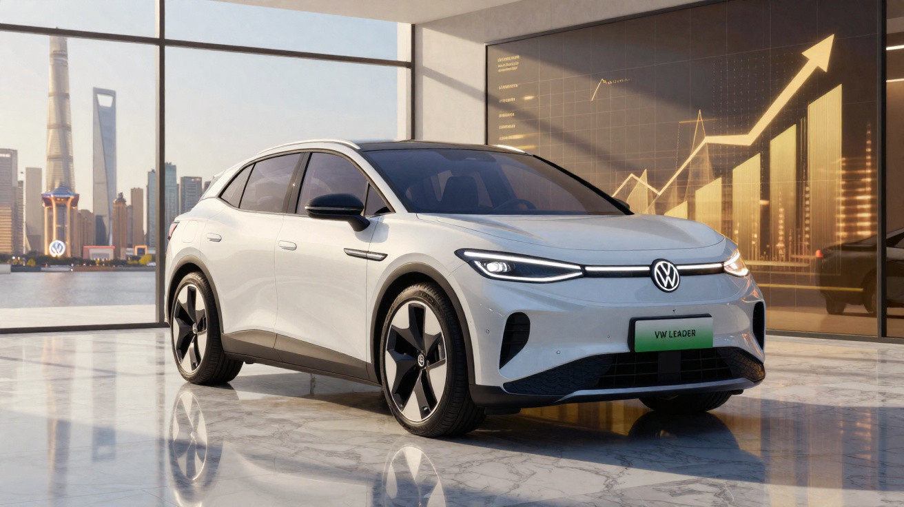 Carro elétrico branco Volkswagen estacionado em interior moderno com gráfico de crescimento no vidro.