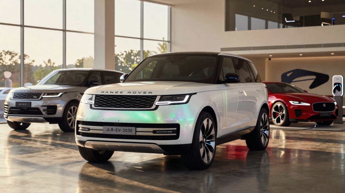 Automóveis eléctricos de luxo Range Rover e Jaguar expostos em showroom moderno e iluminado.