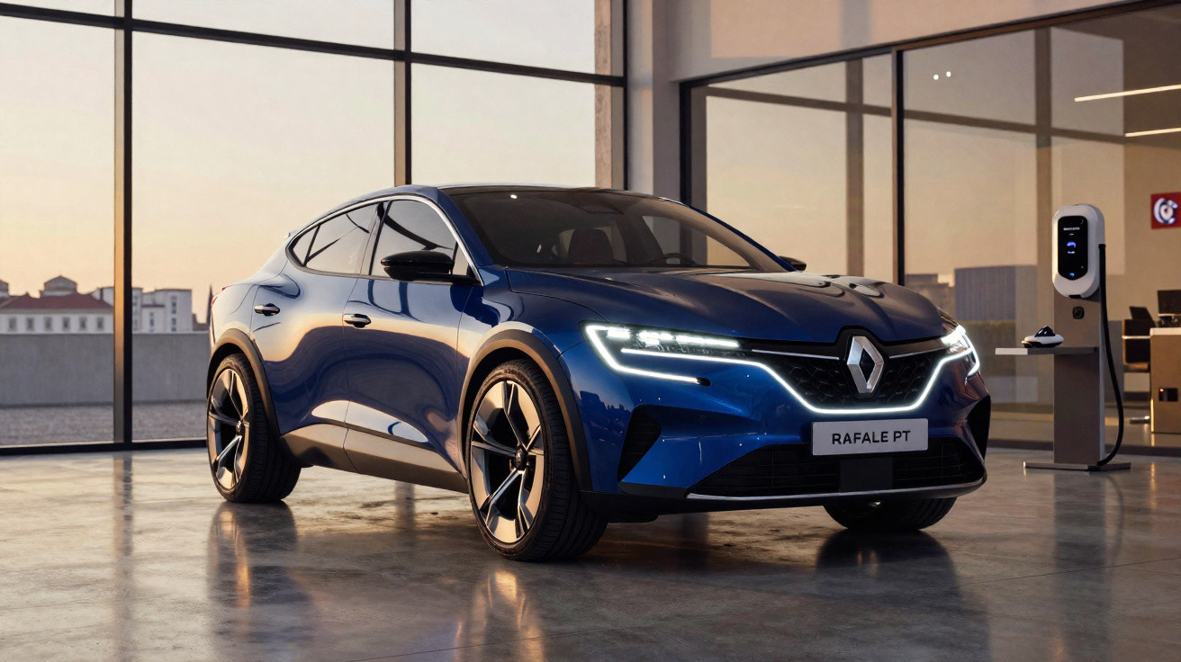 Automóvel elétrico Renault Rafale azul numa garagem moderna com carregador elétrico ao lado.