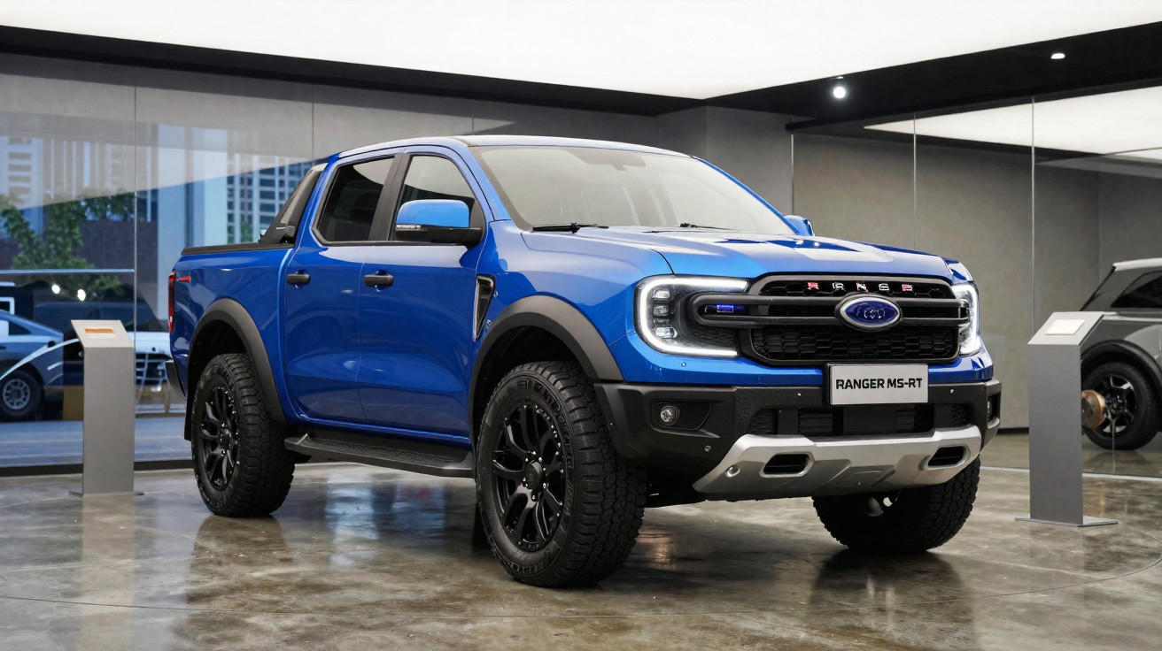 Pick-up Ford Ranger MS-RT azul em exposição com rodas pretas e detalhes robustos.