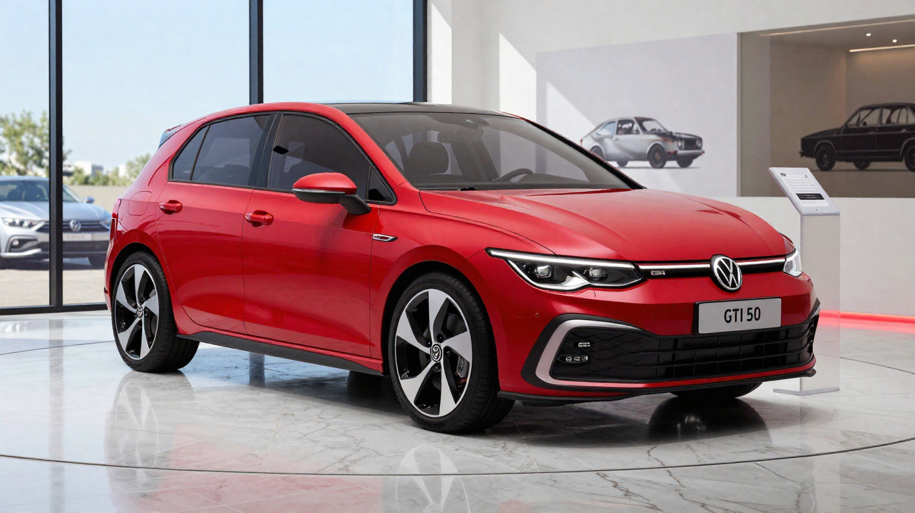 Carro vermelho Volkswagen Golf GTI 50 Edition exposto em salão com piso de mármore.