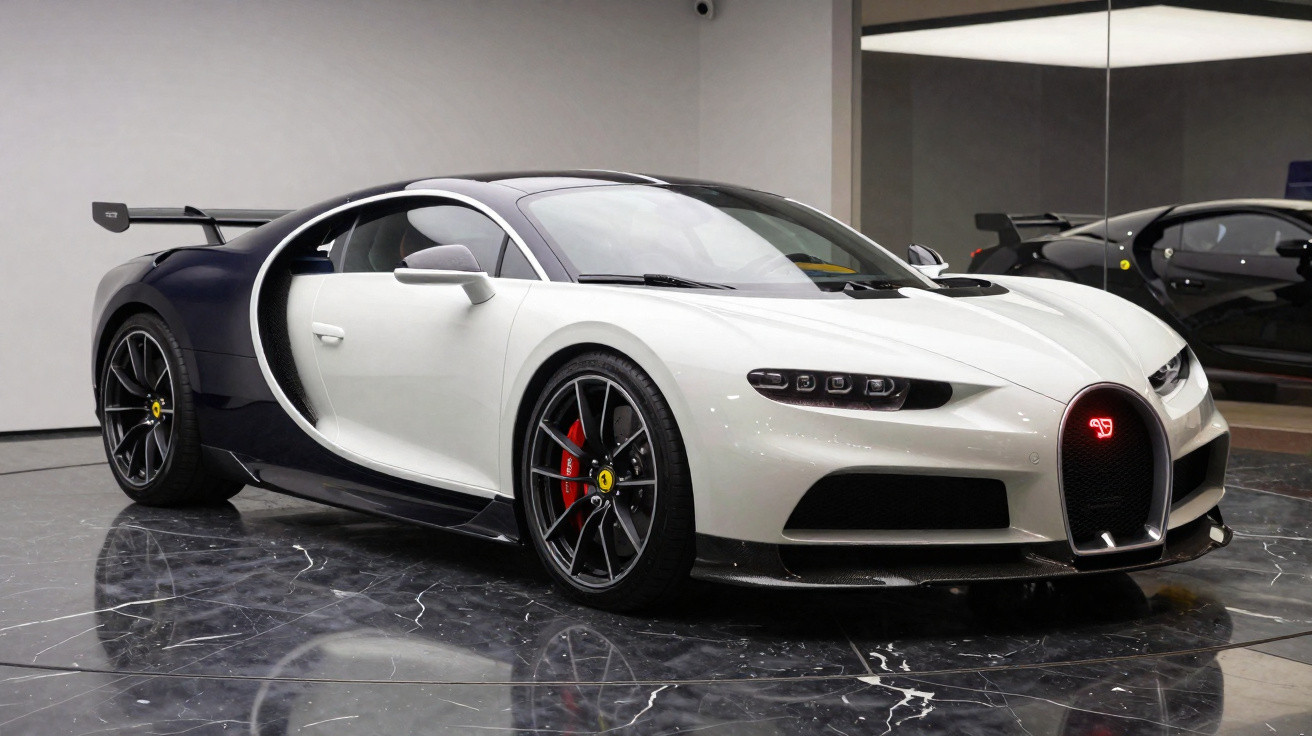 Carro desportivo Bugatti Chiron branco e preto exposto em piso de mármore num salão interior.