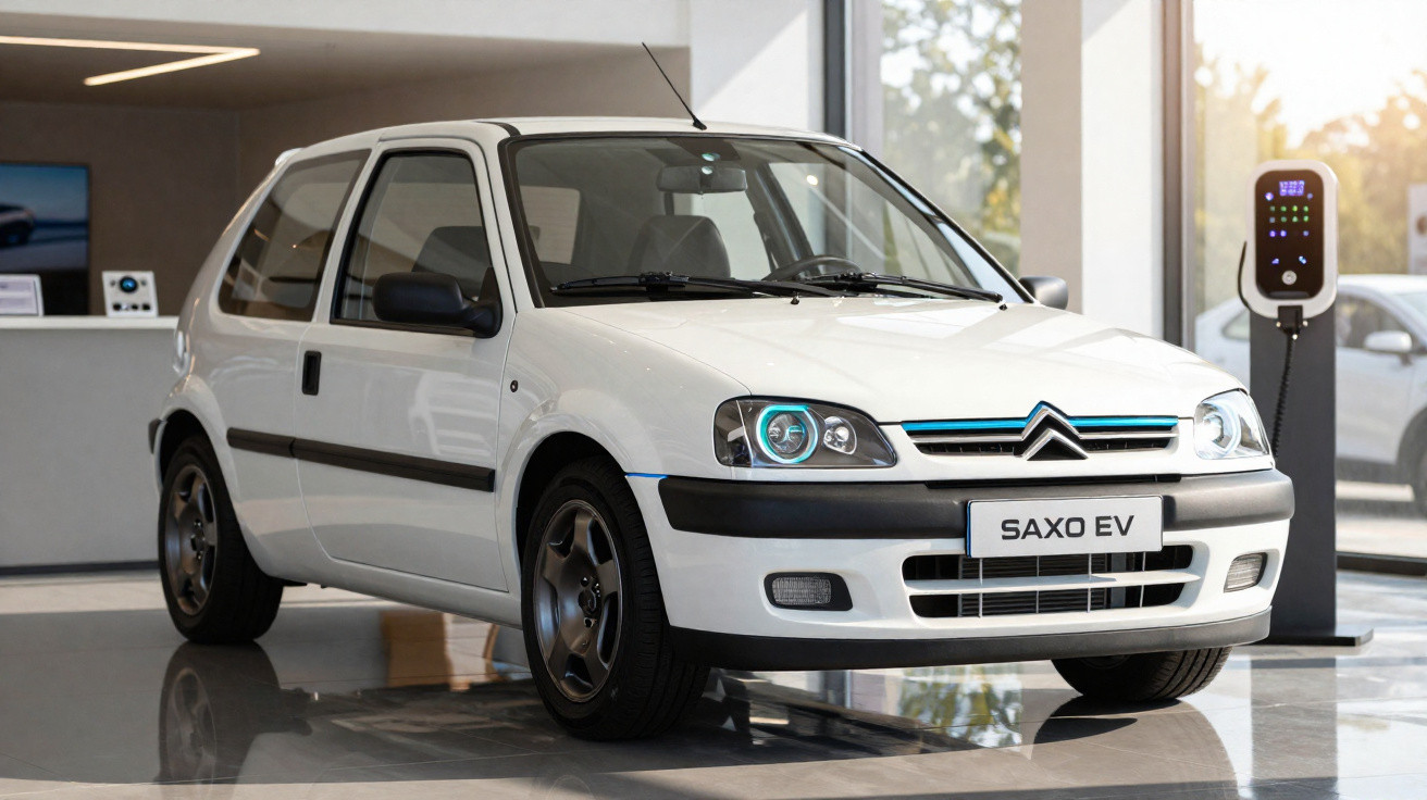 Carro elétrico Citroën Saxo EV branco estacionado em interior com carregador elétrico ao lado.