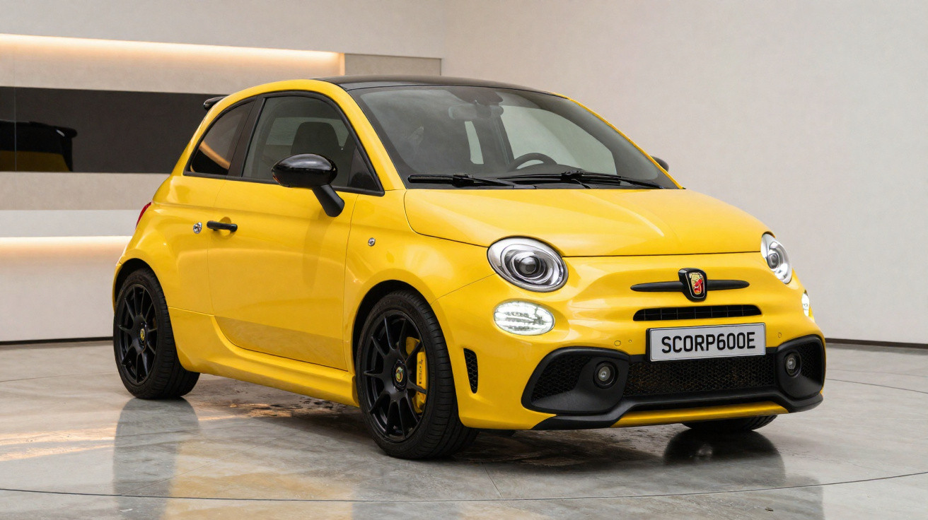 Carro compacto desportivo amarelo estacionado em piso de garagem branca com jantes pretas.