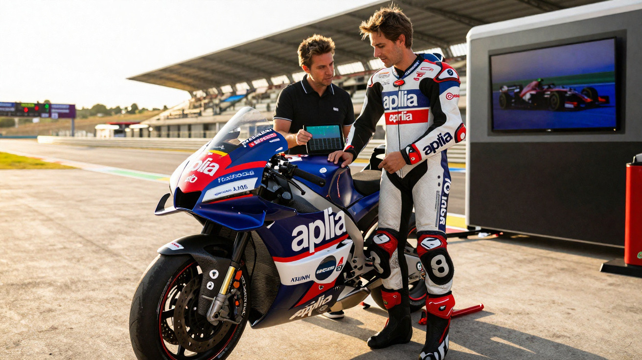 Dois homens ao lado de uma moto de corrida Aprilia numa pista, um veste fato de corrida e o outro consulta um tablet.