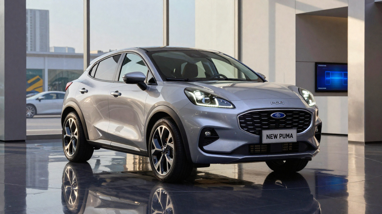 Ford New Puma prateado estacionado em interior moderno com janelas grandes e chão refletor.