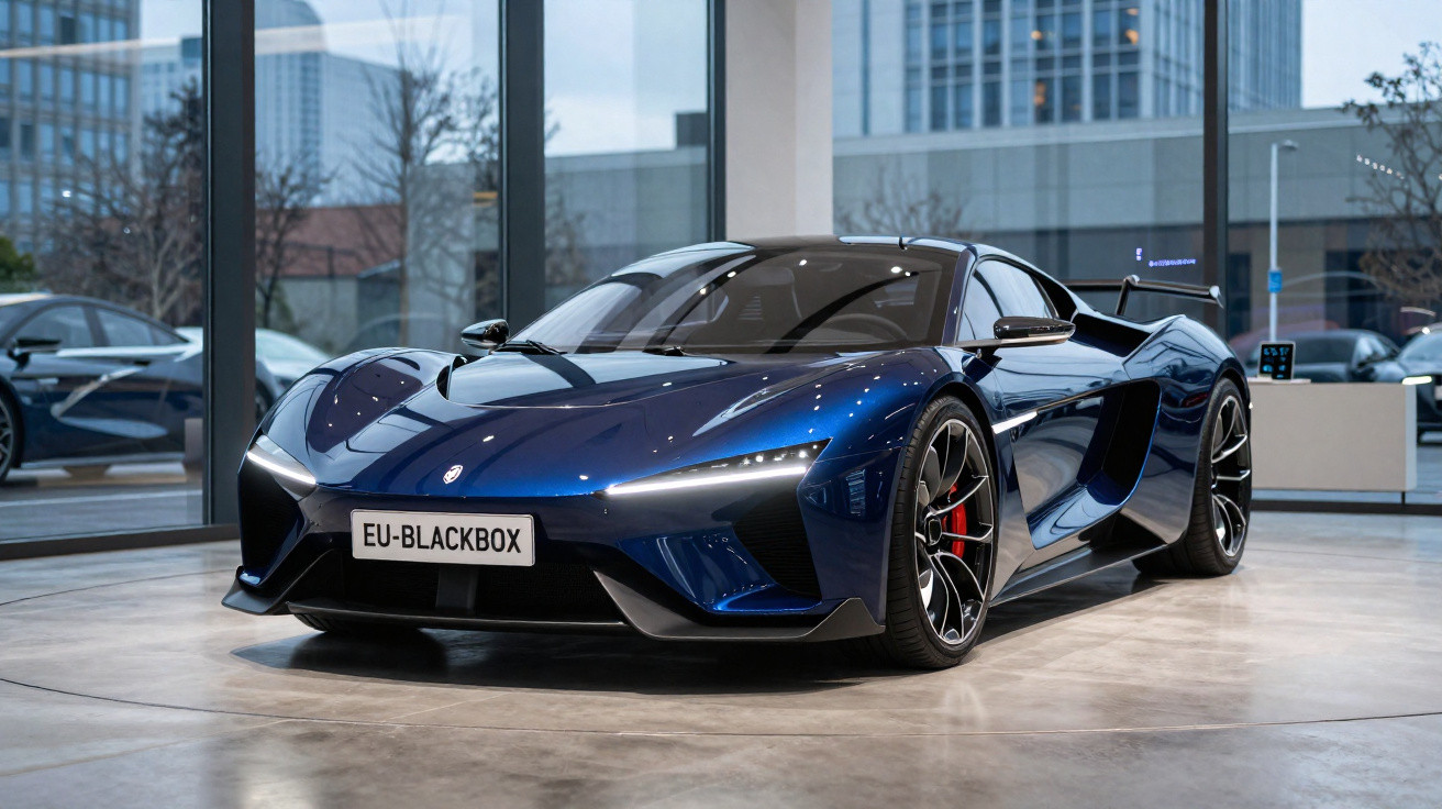Carro desportivo azul eléctrico com design futurista exibido em sala de exposição urbana moderna.