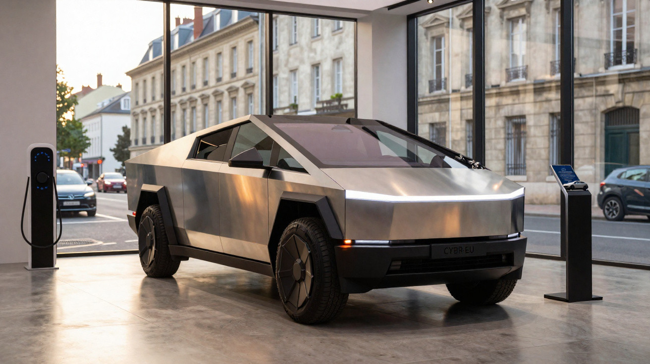 Veículo elétrico Tesla Cybertruck metálico exposto em showroom com carregador ao lado, janela para rua ao fundo.