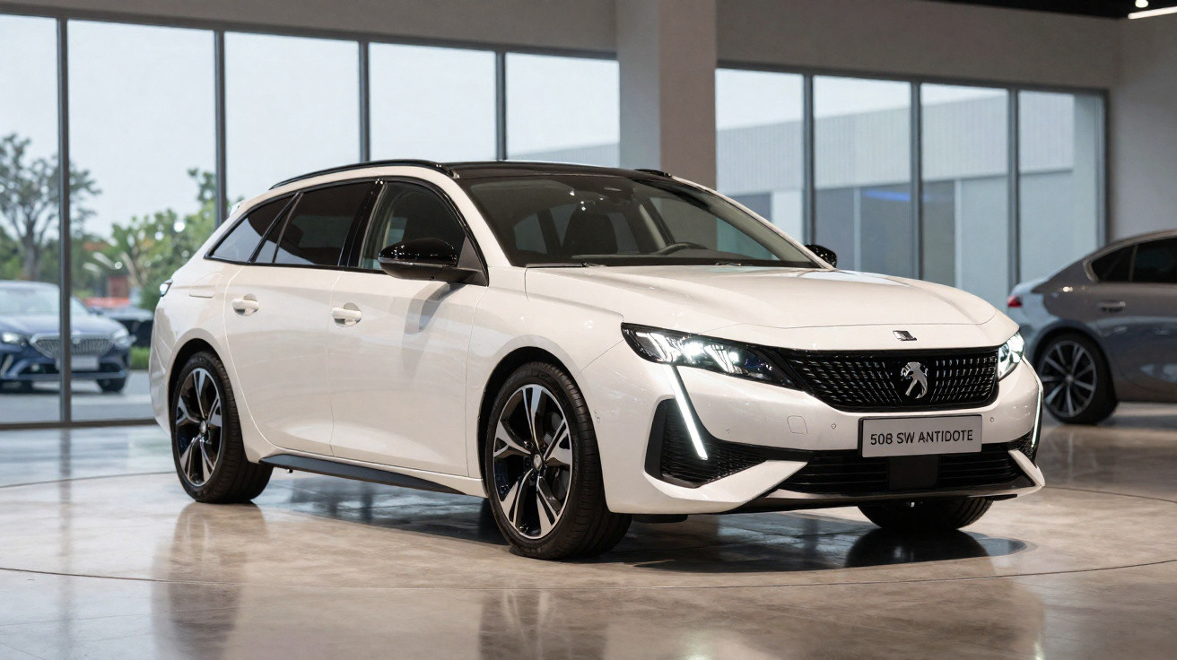 Peugeot 508 SW Antidote branco estacionado numa sala de exposições moderna com janelas grandes.