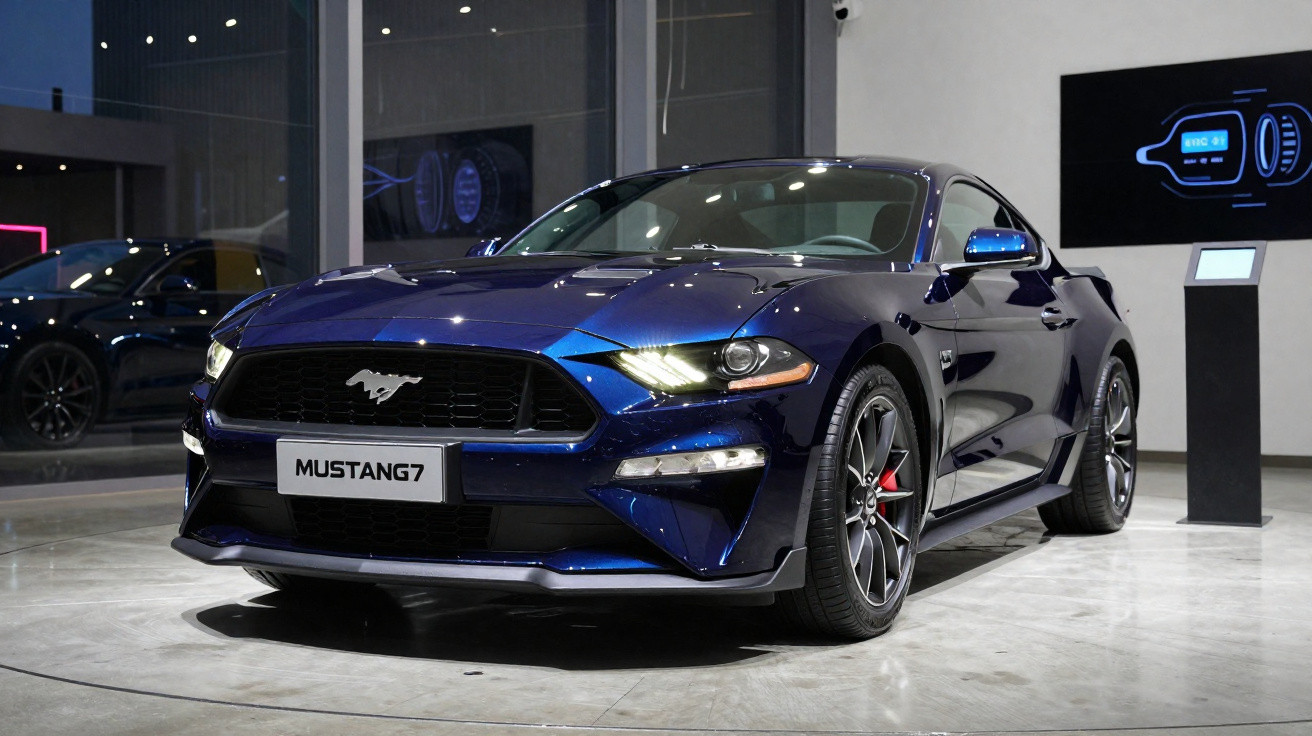 Ford Mustang azul escuro num salão de automóveis com luzes refletidas na carroçaria.