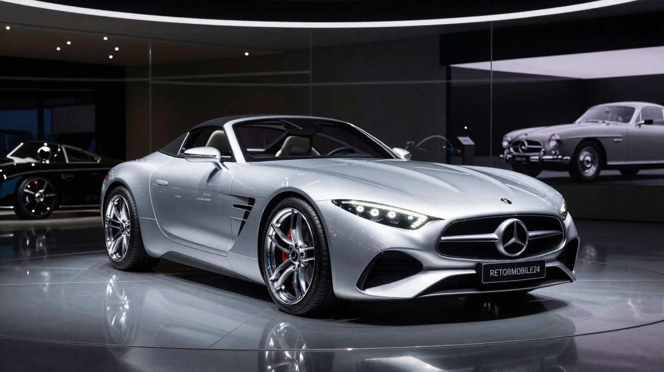 Carro desportivo Mercedes-Benz prateado com faróis LED exposto em showroom moderno.
