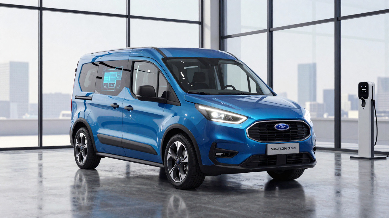 Veículo elétrico azul Ford Transit Connect 2023 estacionado em garagem moderna com carregador elétrico.