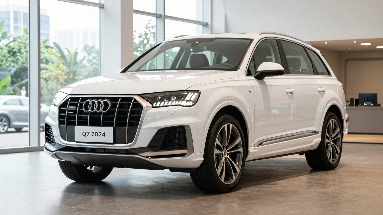 Audi Q7 branco 2024 estacionado interior de showroom com janelas grandes ao fundo.