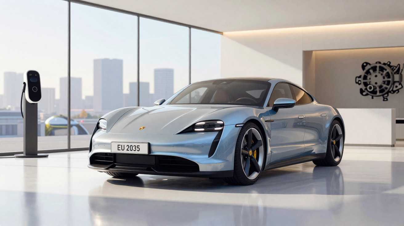 Carro elétrico desportivo Porsche Taycan azul estacionado em showroom moderno com carregador elétrico à esquerda.