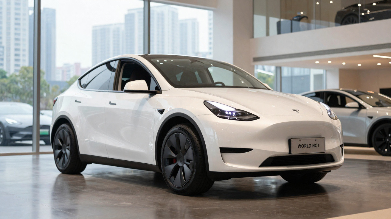 Carro elétrico branco Tesla Model Y estacionado numa sala de exposição moderna com janelas grandes.