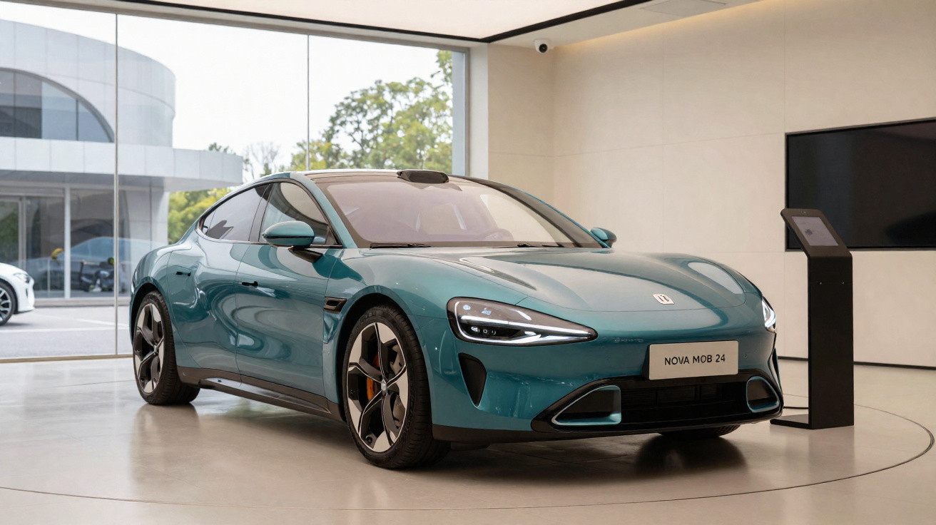 Carro elétrico verde exibido numa sala de exposição moderna com grandes janelas e chão claro.