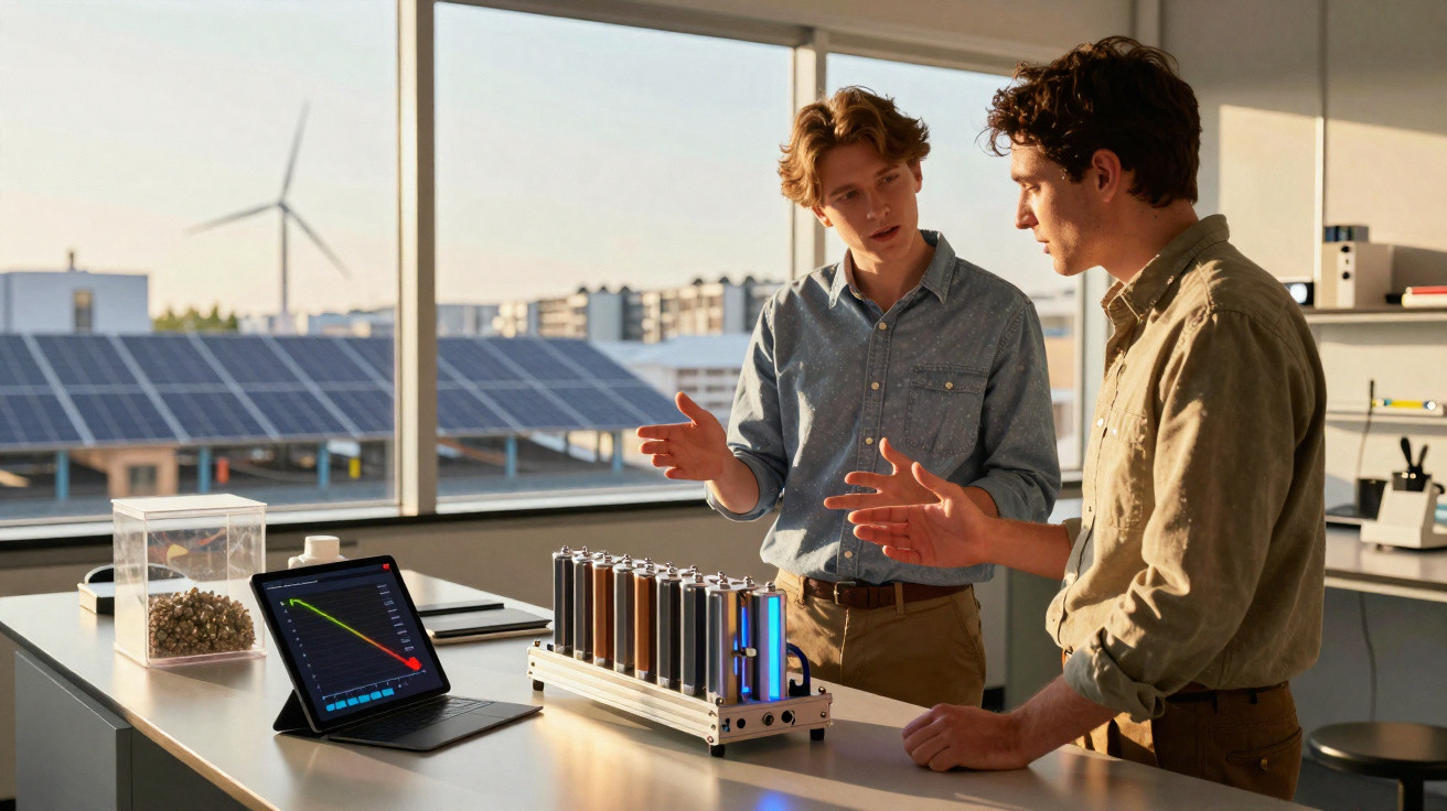 Dois homens discutem projeto de energia sustentável com painel solar e turbina eólica ao fundo.